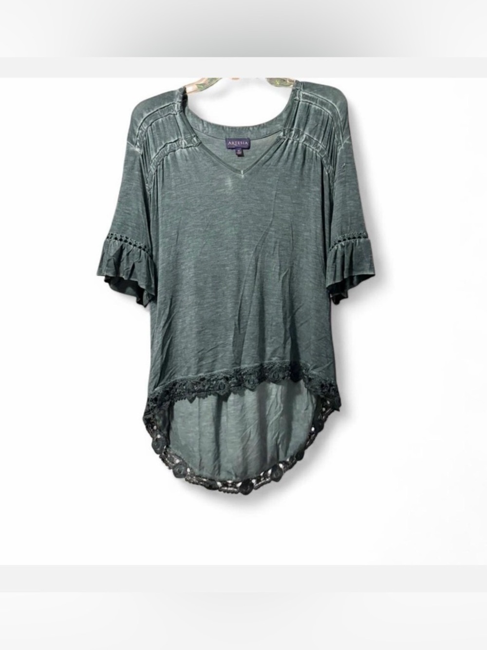 Green Lace-Trim V-Neck Tunic